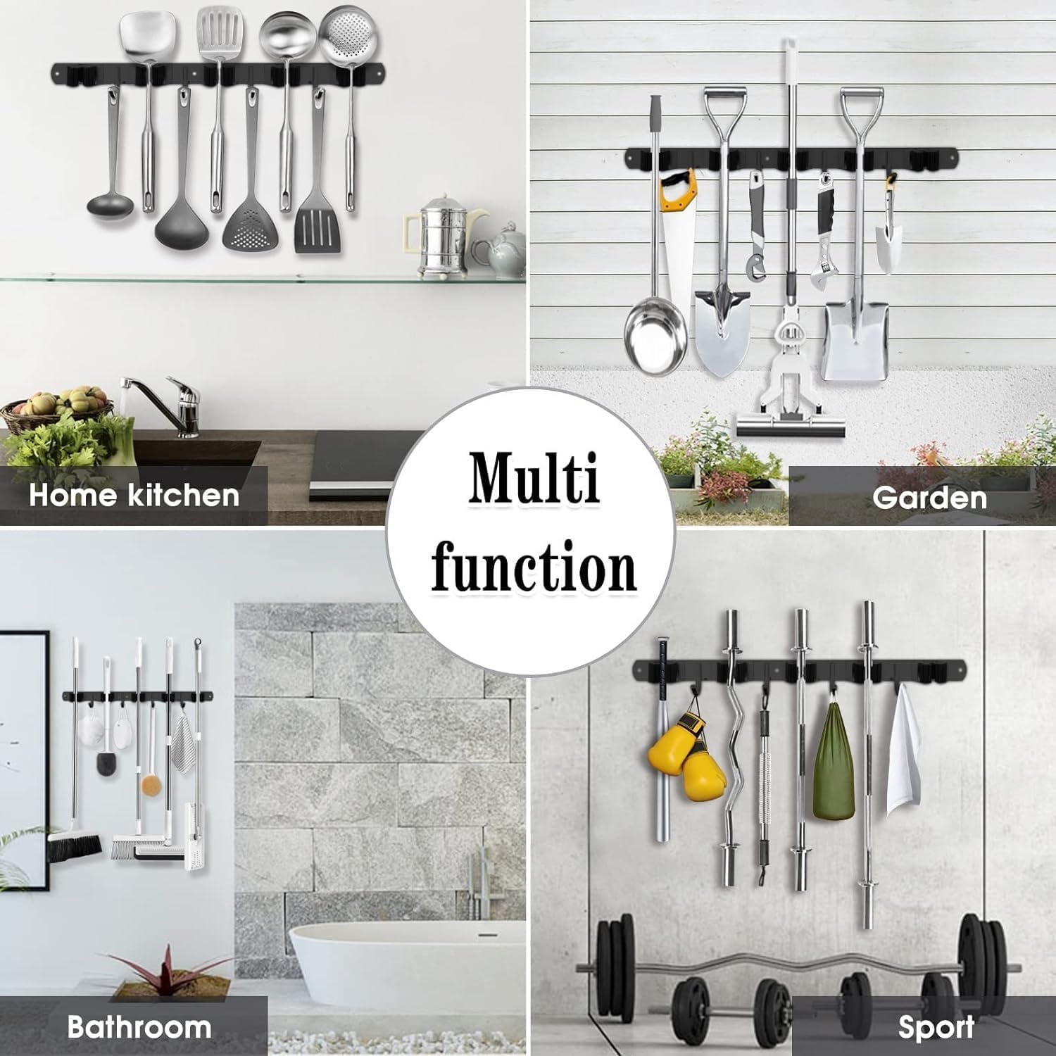 Broomhouder Muur, 5-houders en 4-haken zwart Zware Tool Houder Zelfklevend, Broomhouder met Nails Installeren, Tuin Tool Houder
