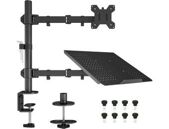 BONTEC Monitor Arm met Laptop Stand voor 13-27'' LCD LED Schermen tot 15.6" Notebook, Kantelbaar, Draaibaar, Ergonomische Tafelstandaard Houder met Klem, VESA 75x75-100x100mm