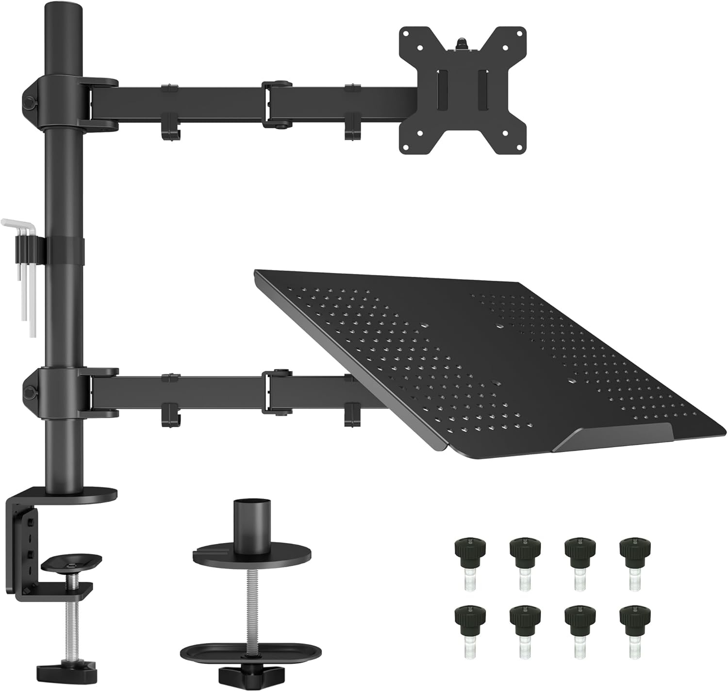 BONTEC Monitor Arm met Laptop Stand voor 13-27'' LCD LED Schermen tot 15.6" Notebook, Kantelbaar, Draaibaar, Ergonomische Tafelstandaard Houder met Klem, VESA 75x75-100x100mm
