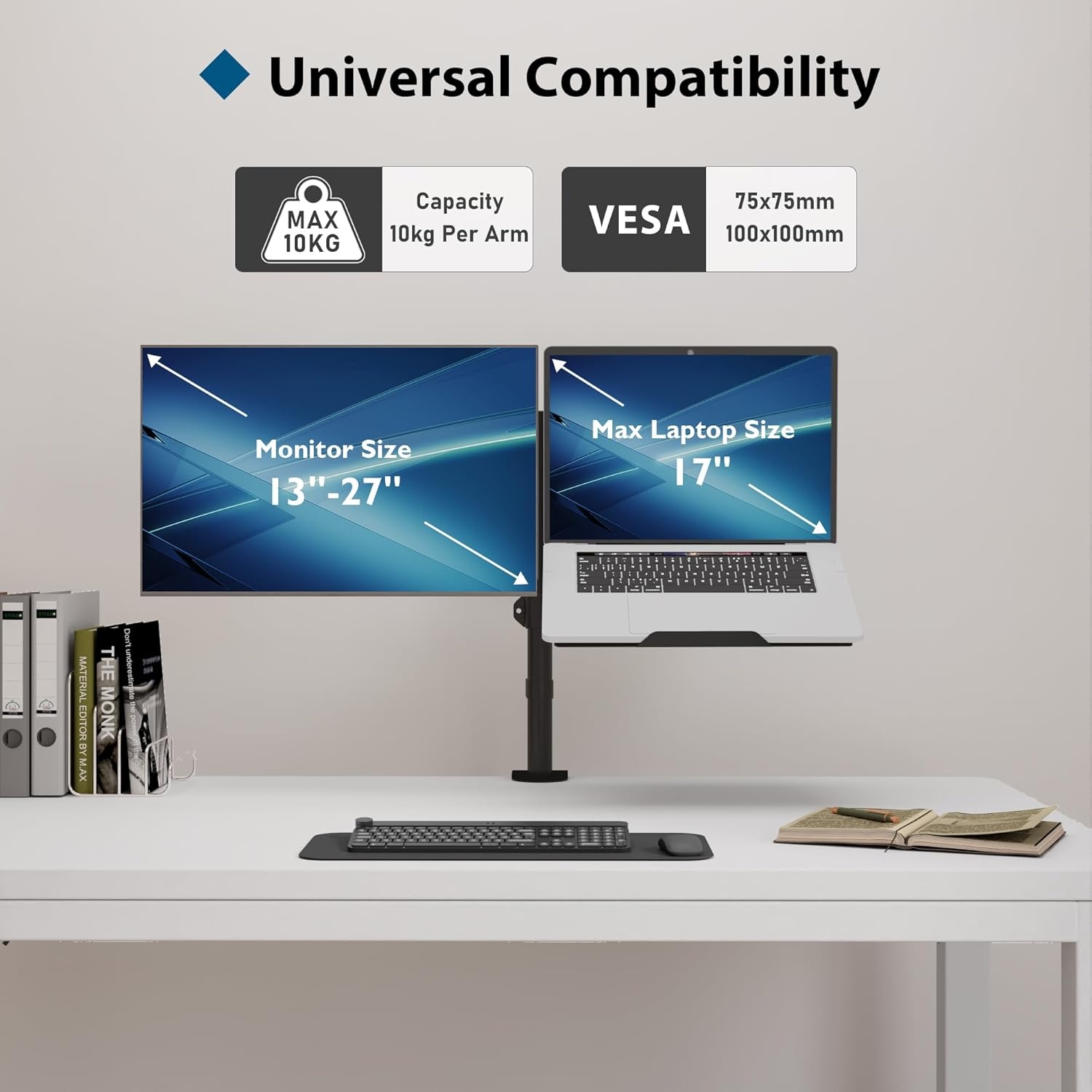 BONTEC Monitor Arm met Laptop Stand voor 13-27'' LCD LED Schermen tot 15.6" Notebook, Kantelbaar, Draaibaar, Ergonomische Tafelstandaard Houder met Klem, VESA 75x75-100x100mm