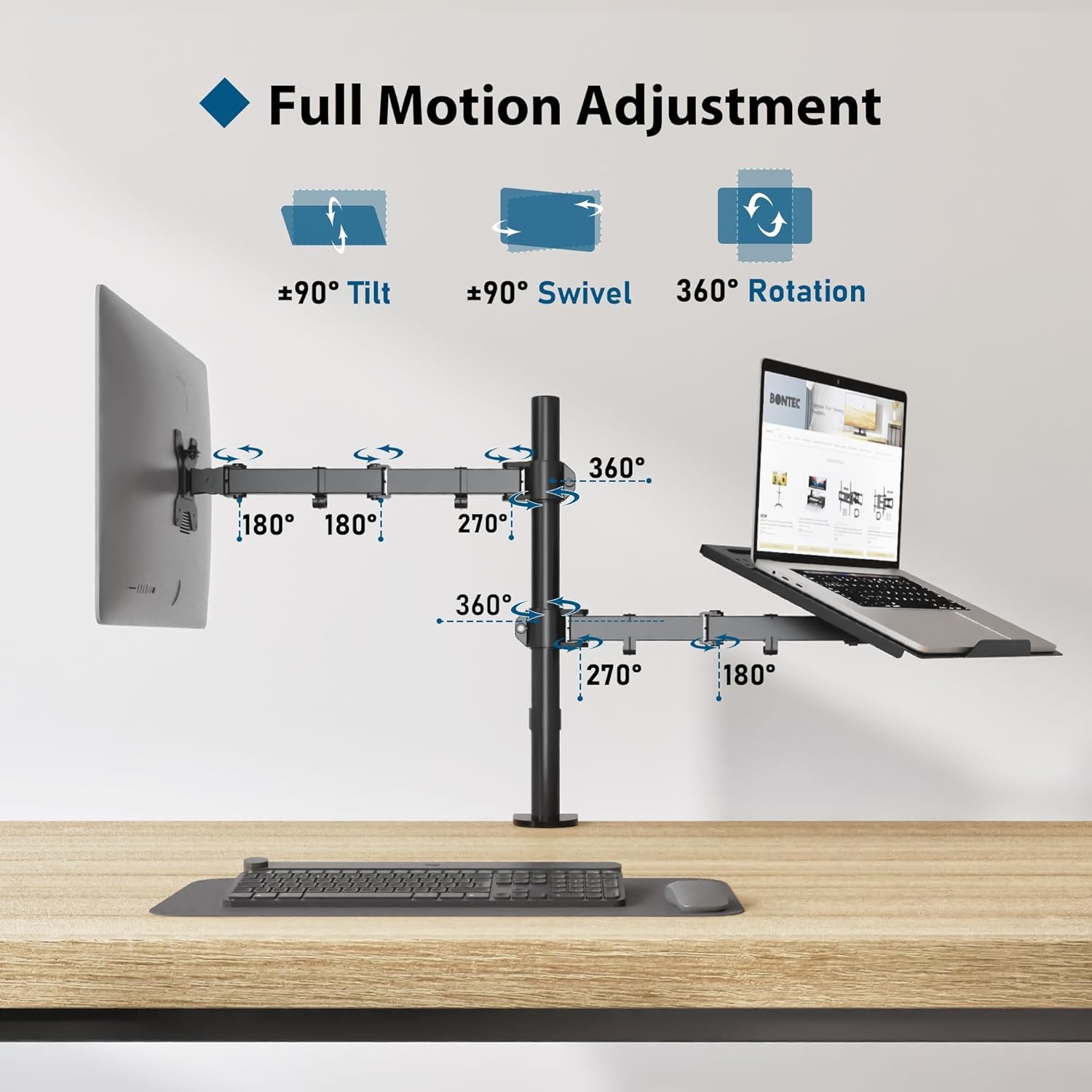 BONTEC Monitor Arm met Laptop Stand voor 13-27'' LCD LED Schermen tot 15.6" Notebook, Kantelbaar, Draaibaar, Ergonomische Tafelstandaard Houder met Klem, VESA 75x75-100x100mm