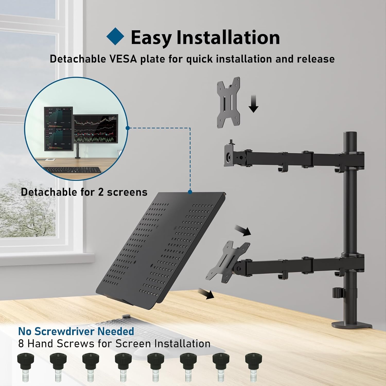 BONTEC Monitor Arm met Laptop Stand voor 13-27'' LCD LED Schermen tot 15.6" Notebook, Kantelbaar, Draaibaar, Ergonomische Tafelstandaard Houder met Klem, VESA 75x75-100x100mm