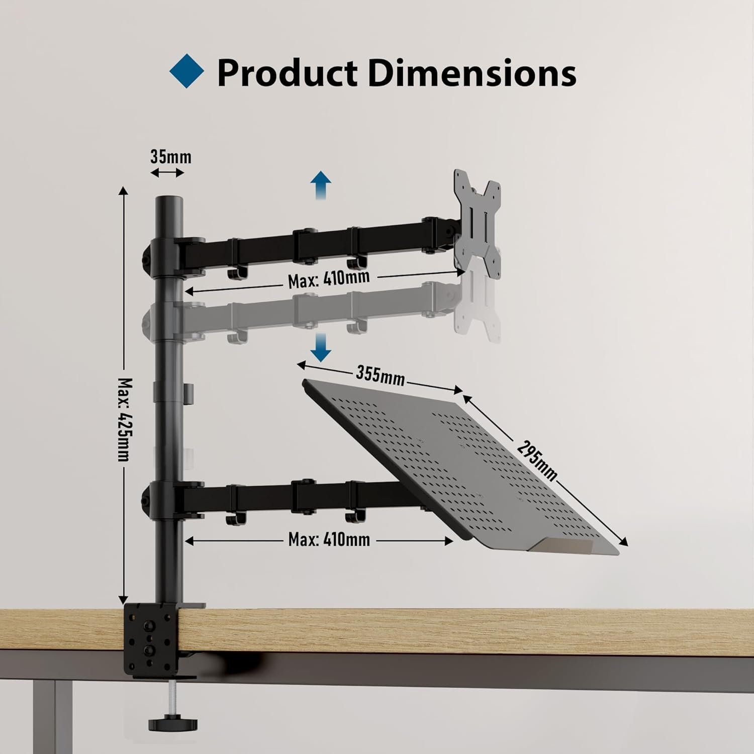 BONTEC Monitor Arm met Laptop Stand voor 13-27'' LCD LED Schermen tot 15.6" Notebook, Kantelbaar, Draaibaar, Ergonomische Tafelstandaard Houder met Klem, VESA 75x75-100x100mm