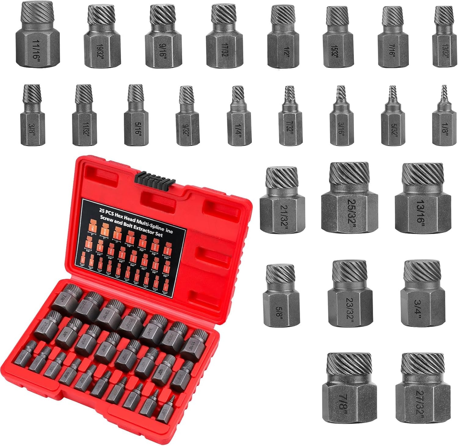 25-delige schroevenverwijderset, professionele linksuitdraaier, set, schroefextractor met draagtas voor het verwijderen van gebroken bouten (rood-1)