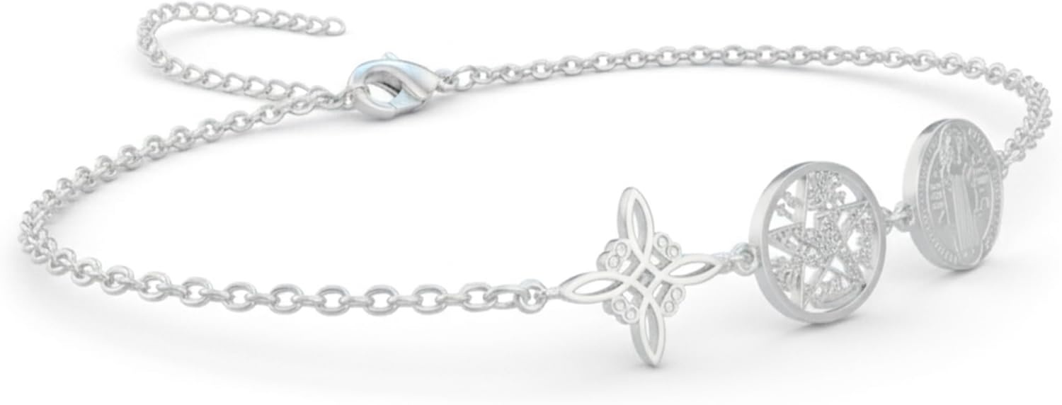 Armband met Heksenknoop, Tetragram & Sint Benedictus Medaillon - 316L RVS, Verstelbaar 17cm