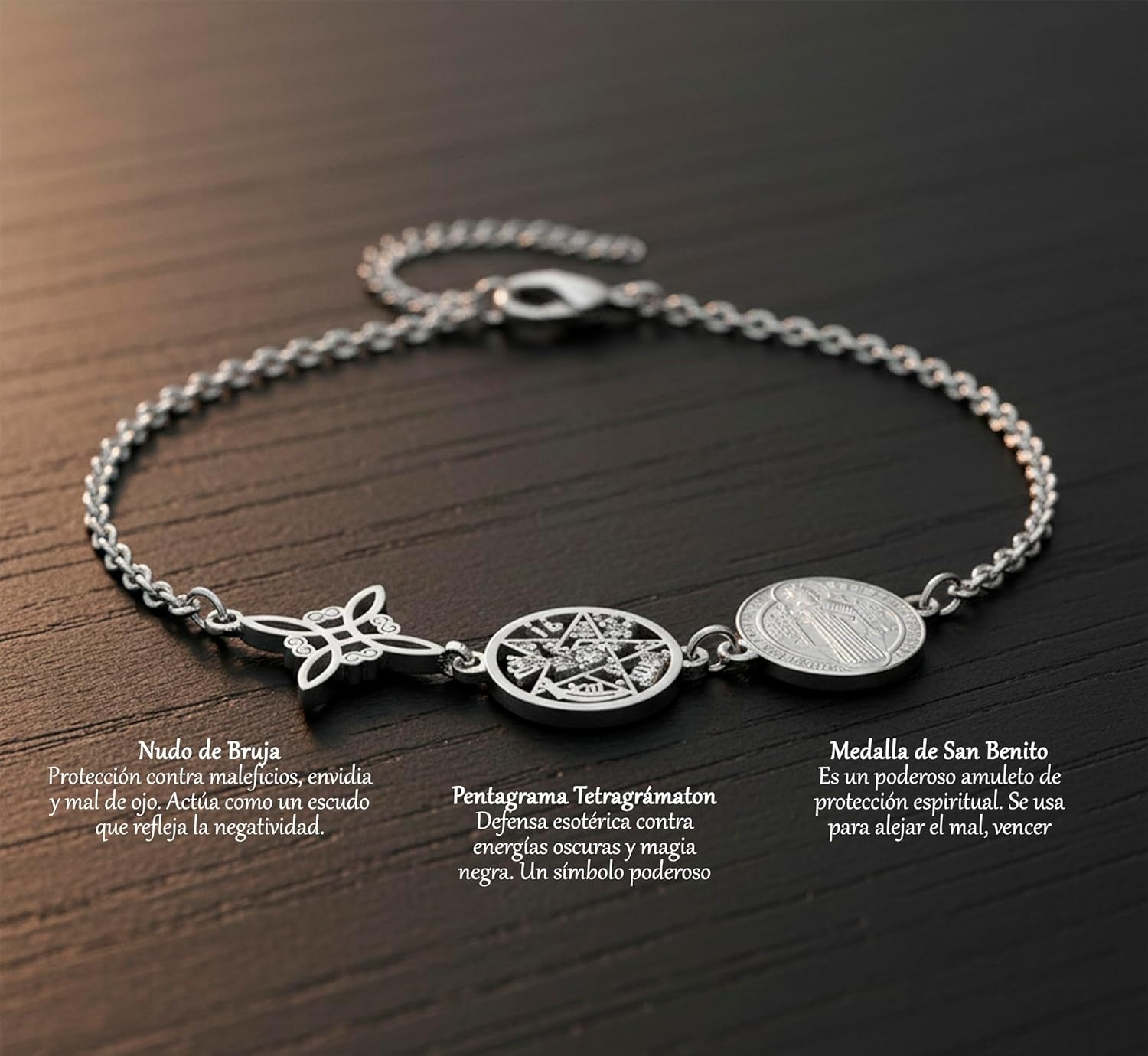 Armband met Heksenknoop, Tetragram & Sint Benedictus Medaillon - 316L RVS, Verstelbaar 17cm