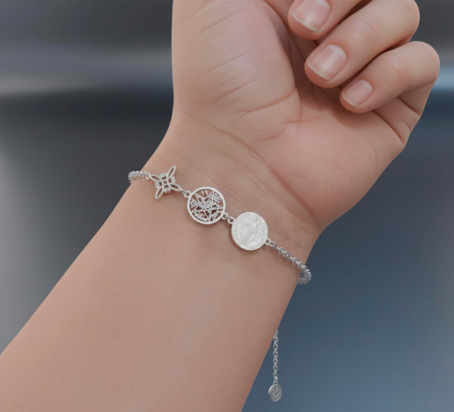 Armband met Heksenknoop, Tetragram & Sint Benedictus Medaillon - 316L RVS, Verstelbaar 17cm