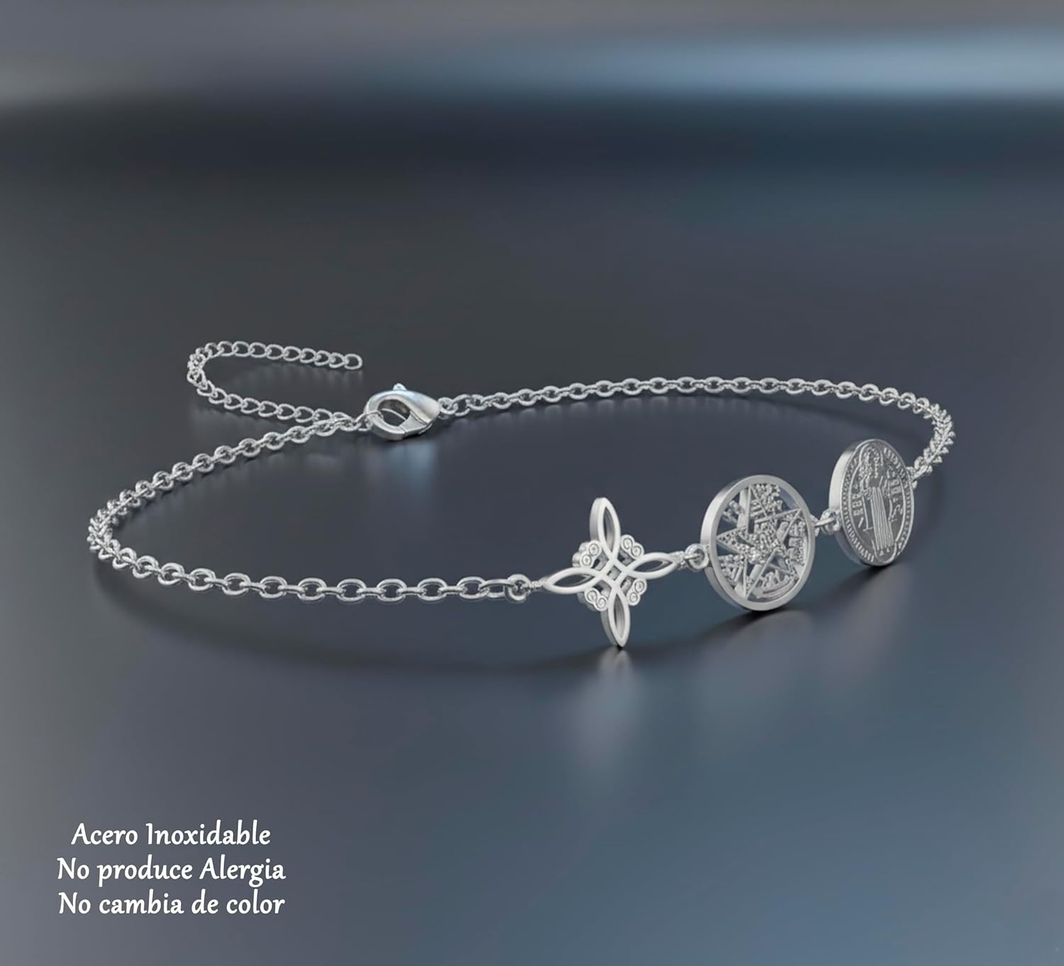 Armband met Heksenknoop, Tetragram & Sint Benedictus Medaillon - 316L RVS, Verstelbaar 17cm