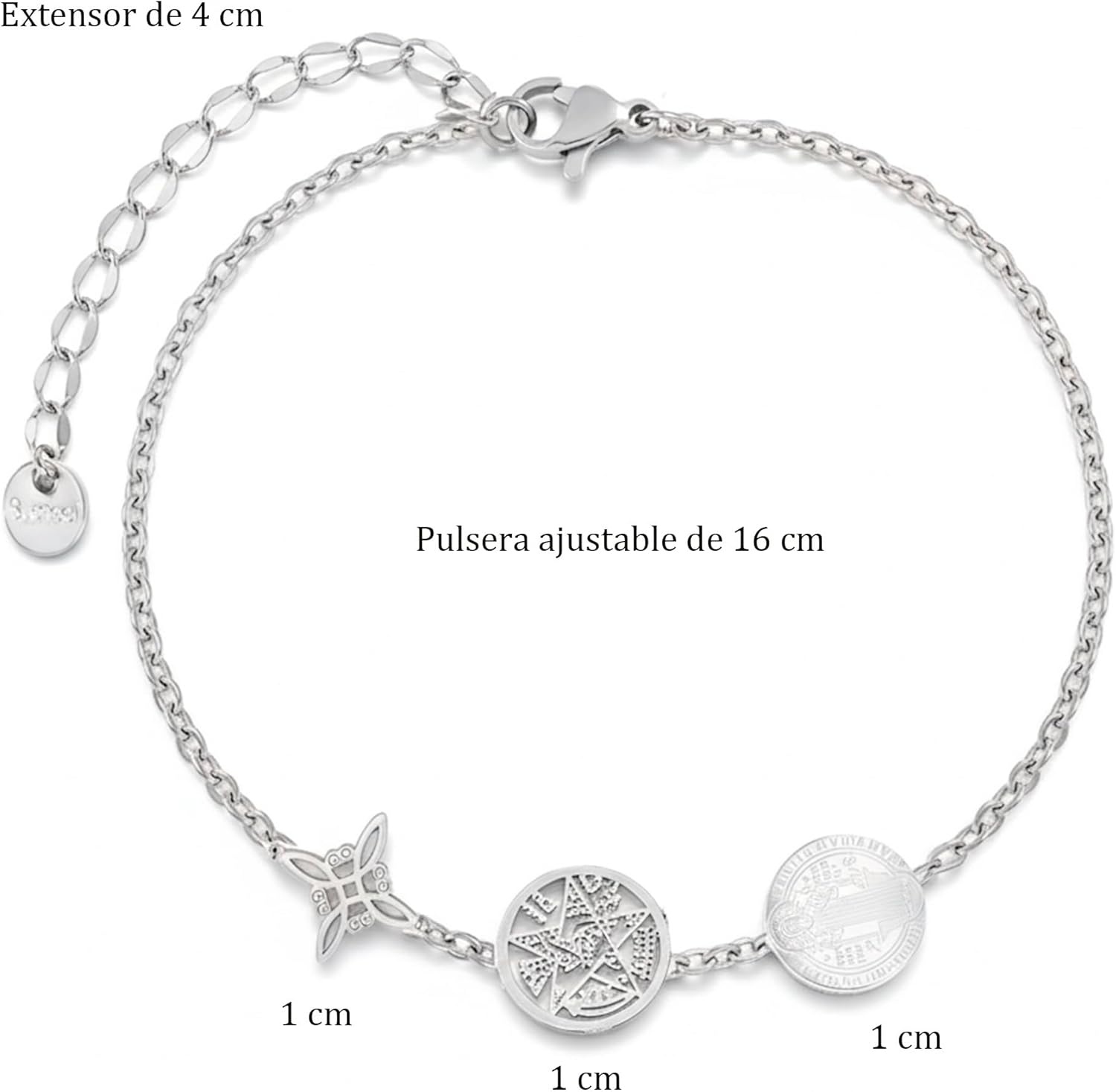 Armband met Heksenknoop, Tetragram & Sint Benedictus Medaillon - 316L RVS, Verstelbaar 17cm