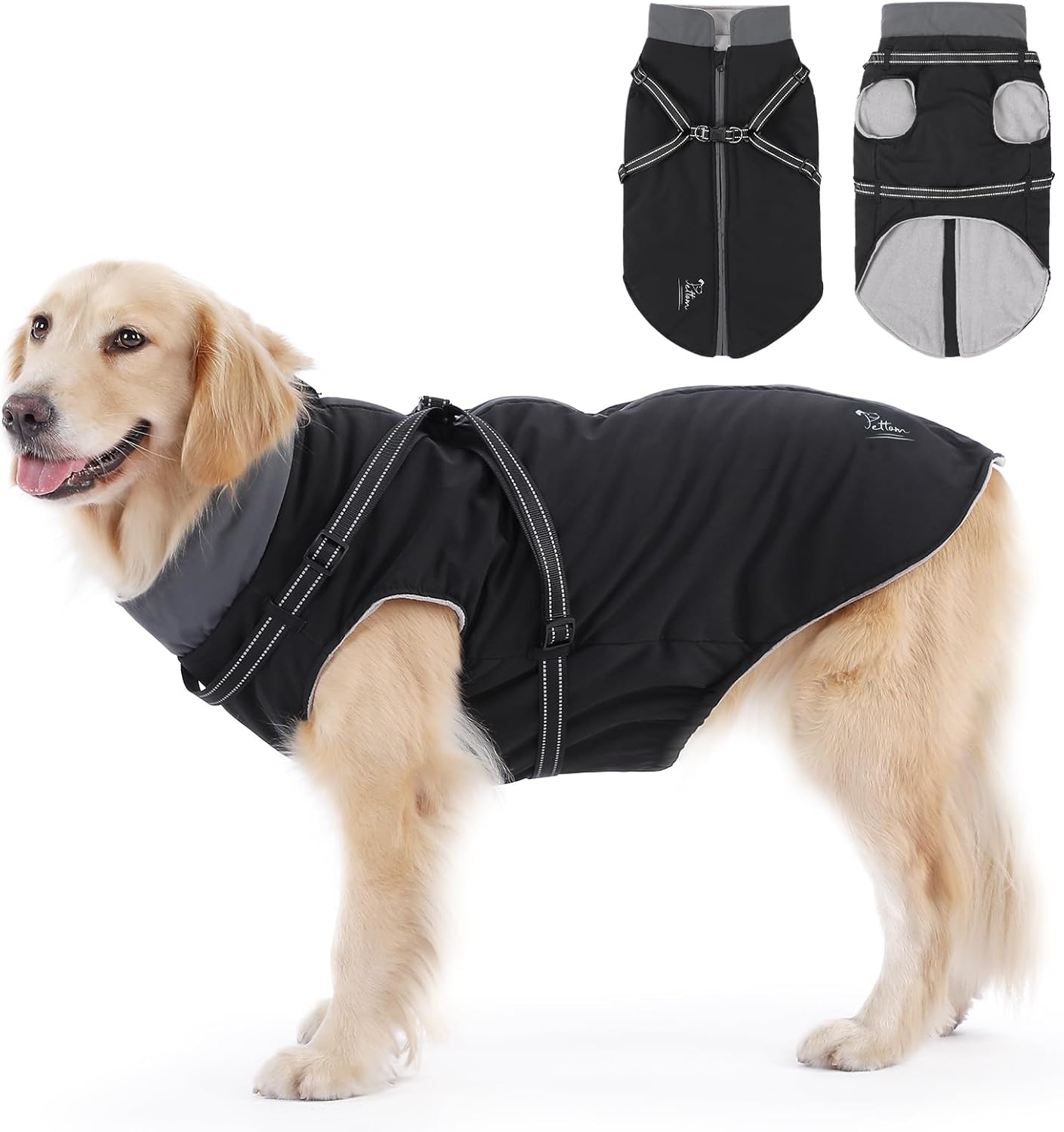 PETTOM Warme hondenjassen en jassen voor honden, waterdicht reflecterend hondenharnas vest winter hondenkleding met borstriem, wandelen buiten verstelbaar (zwart, 4XL)