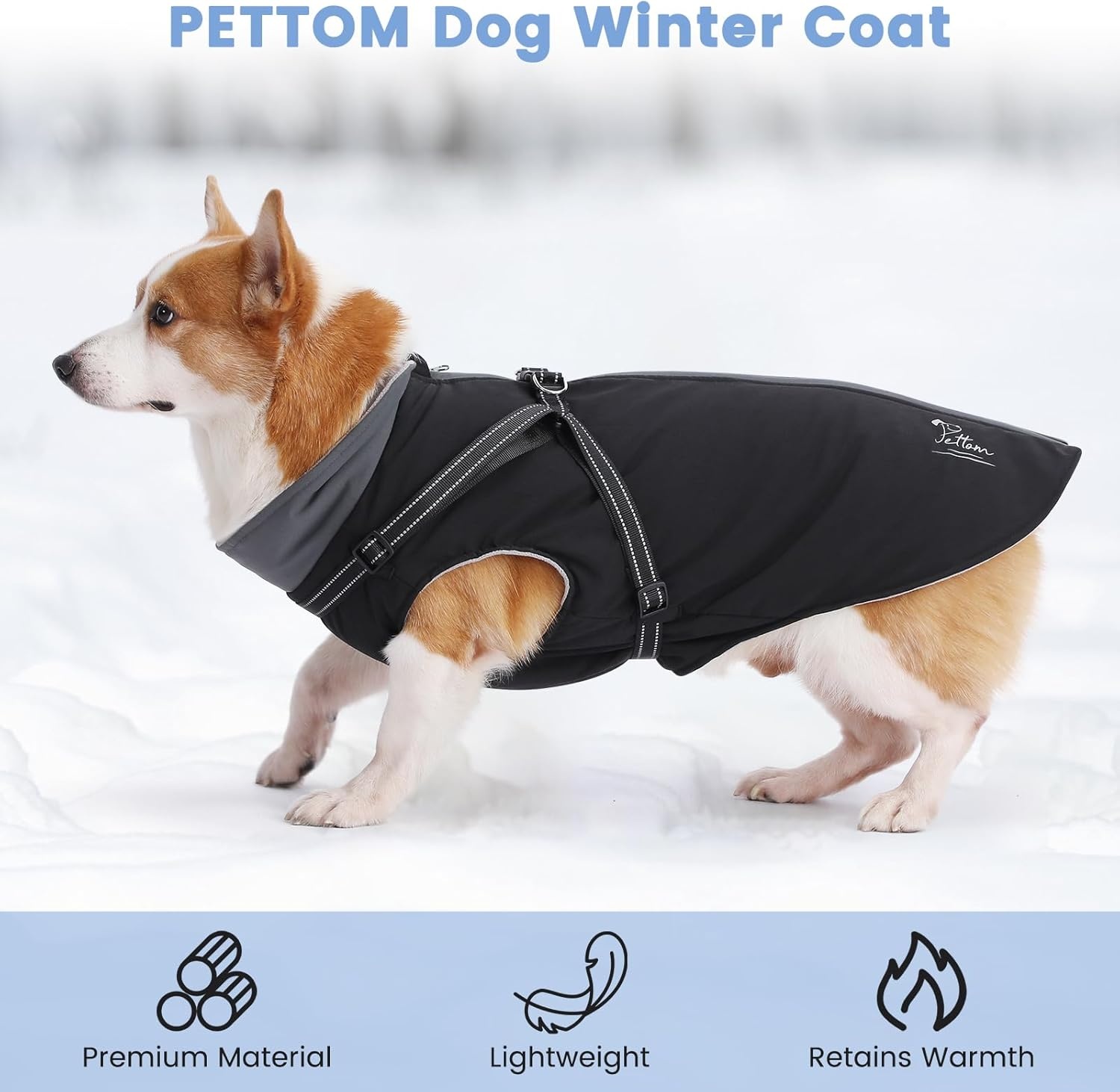 PETTOM Warme hondenjassen en jassen voor honden, waterdicht reflecterend hondenharnas vest winter hondenkleding met borstriem, wandelen buiten verstelbaar (zwart, 4XL)