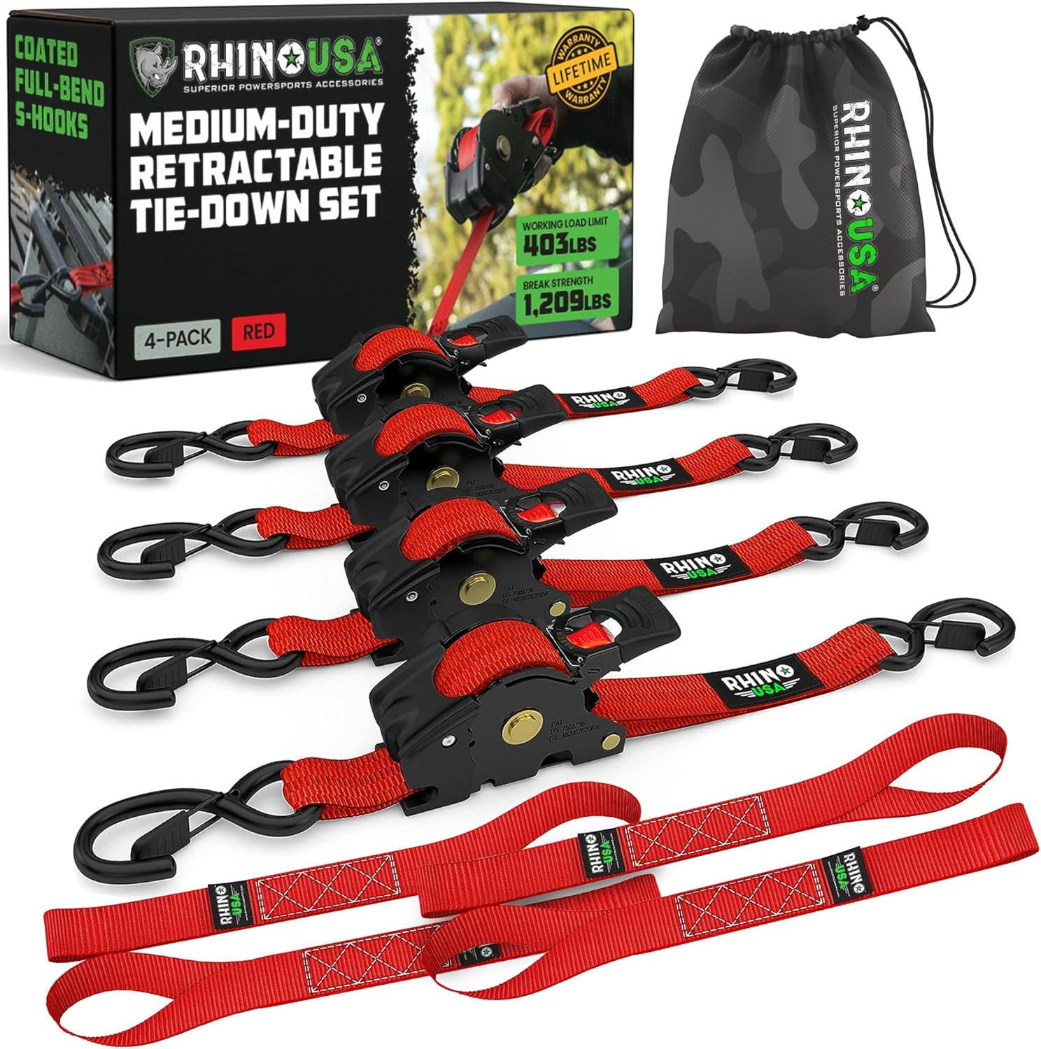 Rhino USA Intrekbare Ratelspanners (4 stuks) - Rood - 2,5 cm x 3 m - Medium Duty