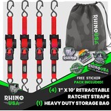 Rhino USA Intrekbare Ratelspanners (4 stuks) - Rood - 2,5 cm x 3 m - Medium Duty