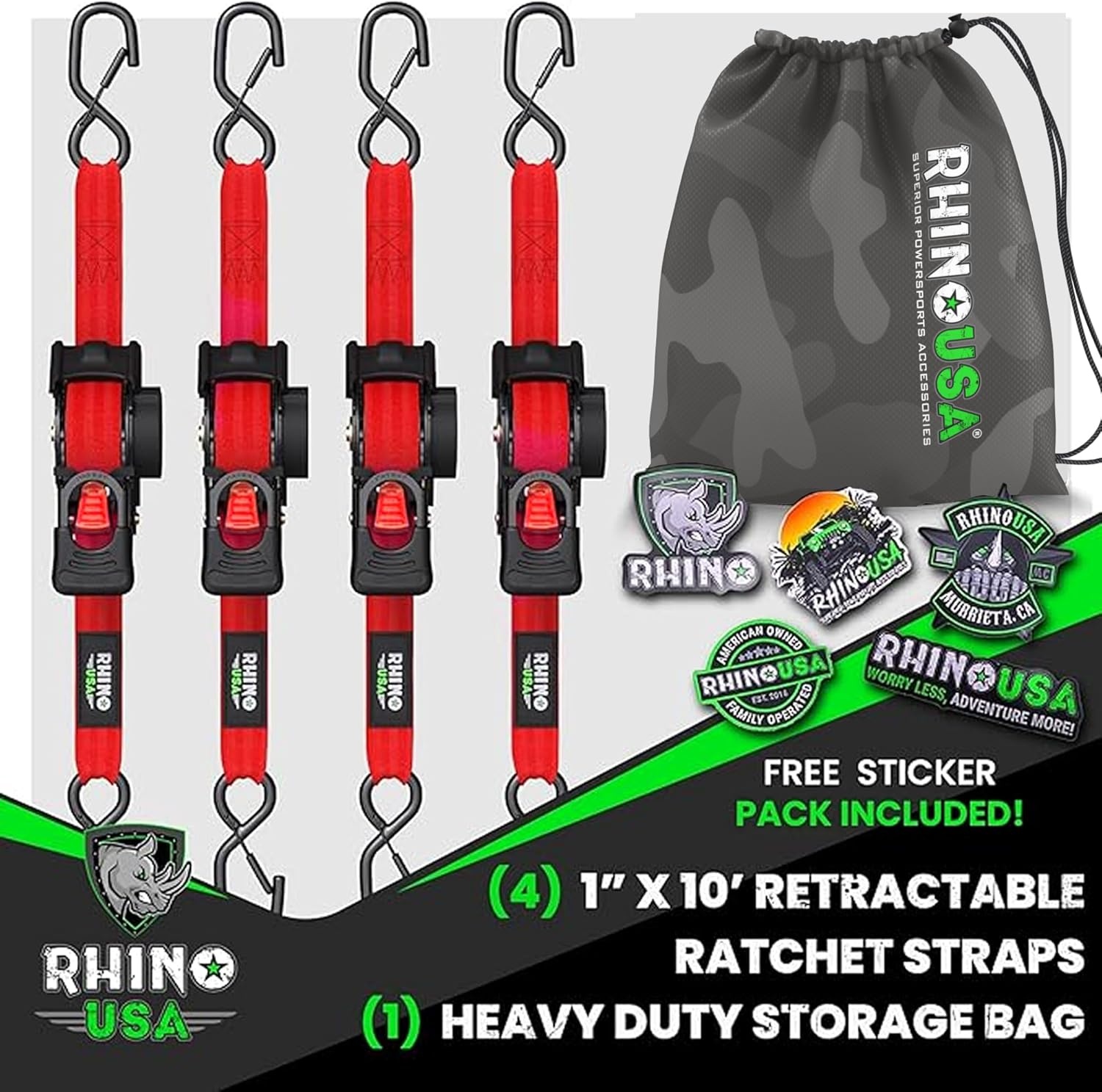 Rhino USA Intrekbare Ratelspanners (4 stuks) - Rood - 2,5 cm x 3 m - Medium Duty