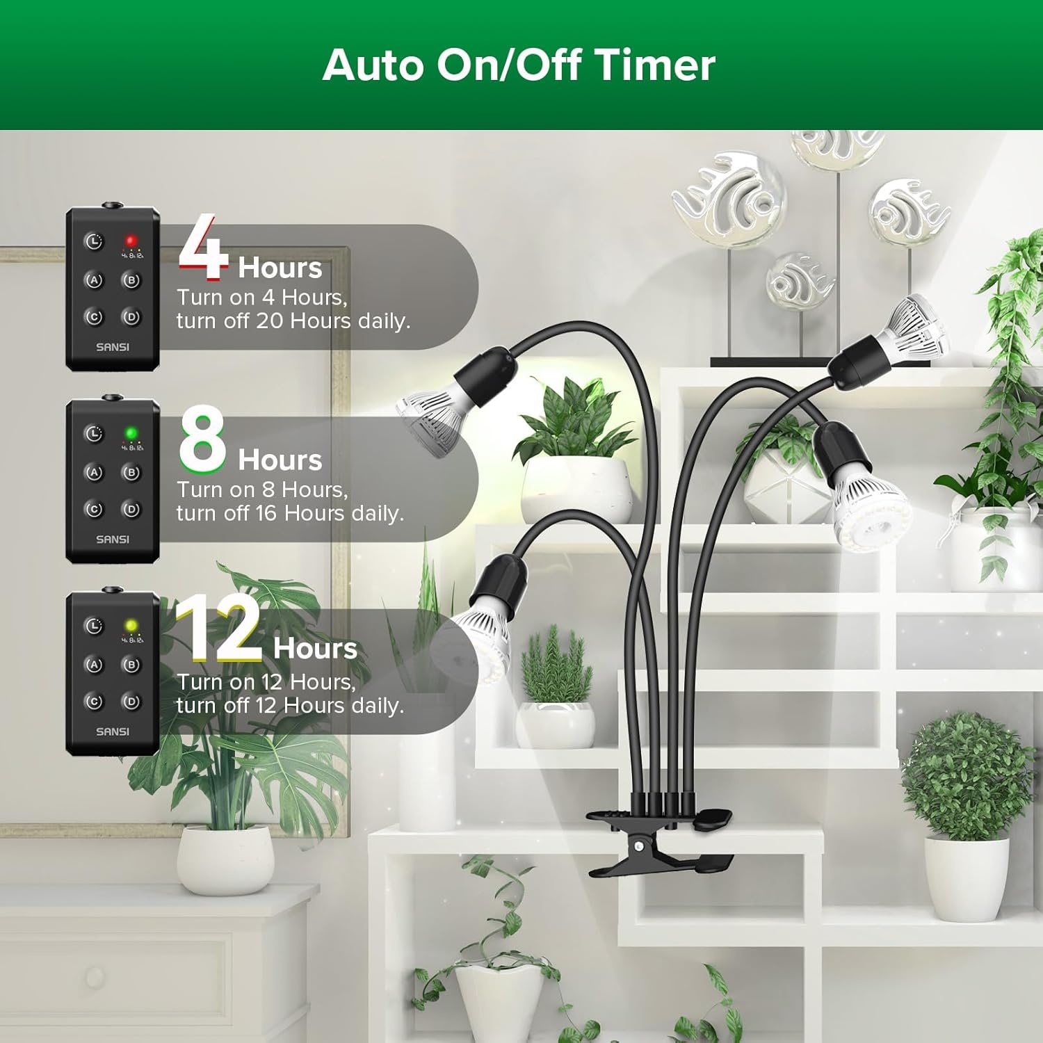 SANSI Led-plantenlamp voor kamerplanten, 600 W, volledig spectrum, 4 zwanenhals, clip, plantenlicht met timer, 4/8/12 uur, groeilamp met hoge PPFD-groeilamp voor tuin, broeikas