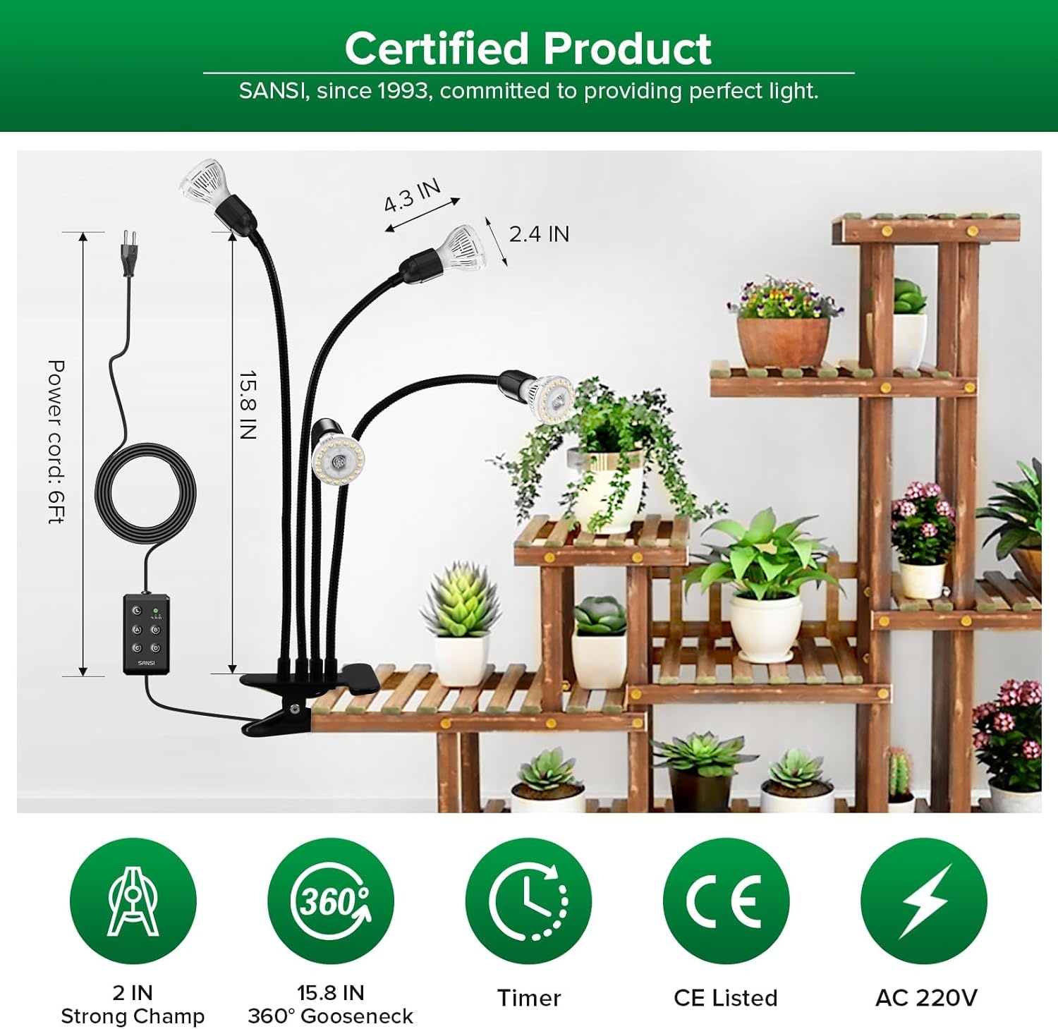 SANSI Led-plantenlamp voor kamerplanten, 600 W, volledig spectrum, 4 zwanenhals, clip, plantenlicht met timer, 4/8/12 uur, groeilamp met hoge PPFD-groeilamp voor tuin, broeikas