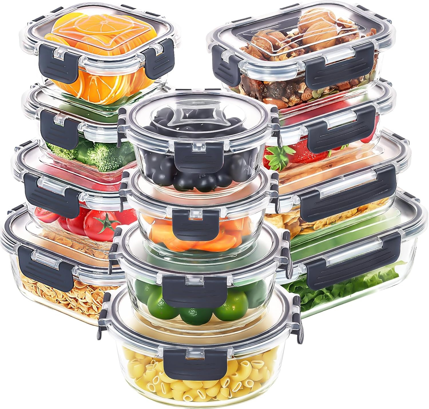Skroam 12 stuks glazen voedselopslagcontainers met deksels, maaltijdbereiding, voorraadkast keuken opslagcontainers voor lunch, lekvrij, luchtdichte glazen lunchbentoboxen voor magnetron, oven