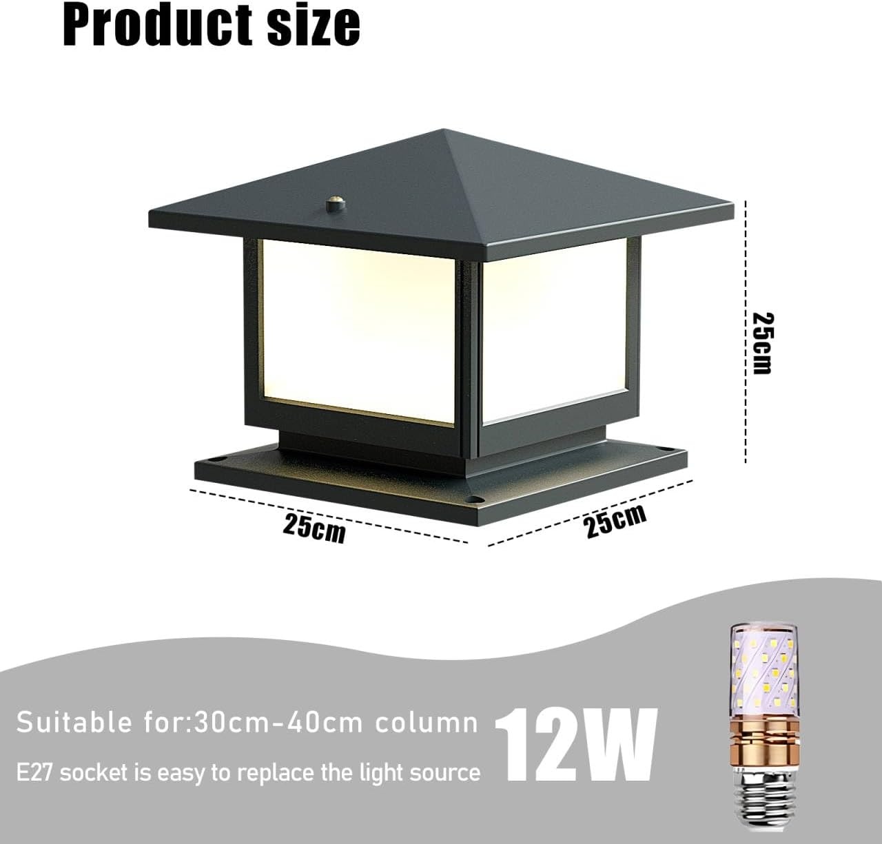 Sokkellamp voor buiten, 12 W bolderlamp buiten, grijs, tuinpadverlichting van gegoten aluminium, 3 kleuren, E27-fitting, max. 40 W, IP45 tuinlamp voor palen, patio, terras, opritten - Maat L-1