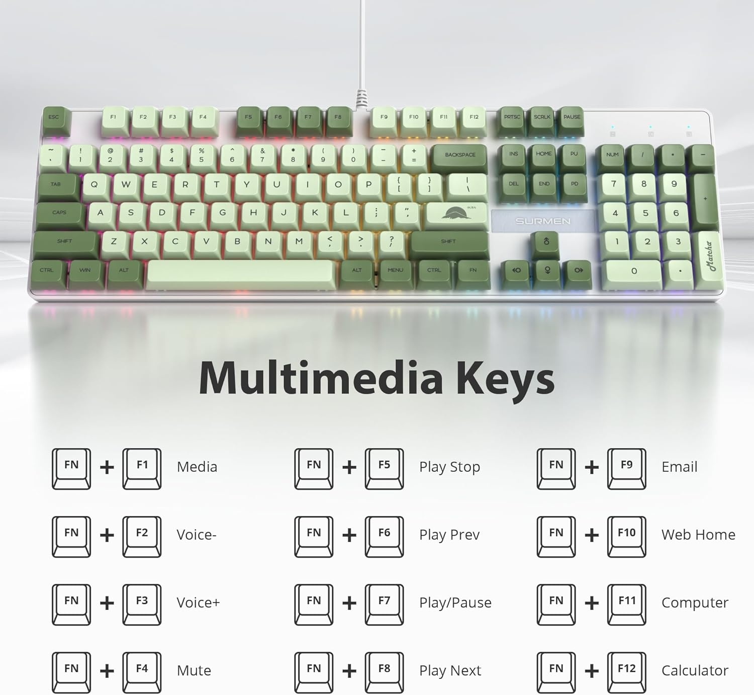 SOLIDEE Volledig Formaat Mechanisch Toetsenbord,Groen Matcha Toetsenbord,104 Toetsen RGB Verlicht Gaming met Numeriek Toetsenblok,NKRO voor Windows Laptop PC Gamer(104 Matcha)