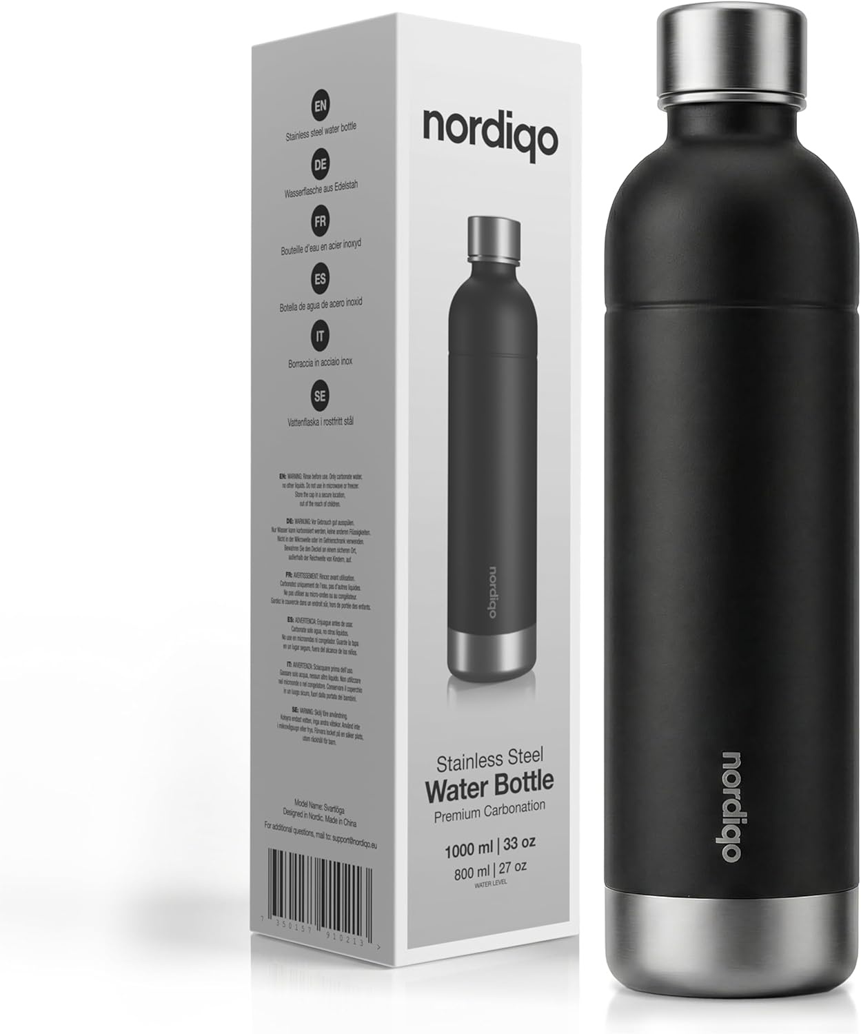 Nordiqo Roestvrijstalen Waterfles 1L - Zwart (2-Pack) | Compatibel met Aarke Carbonator 3 & SodaStream
