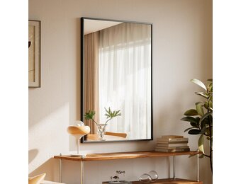 BEAUTYPEAK 81x61cm Rechthoekige wandspiegel, badkamerspiegel met zwarte aluminiumlijst, breukveilige wandspiegel voor badkamer, slaapkamer, woonkamer, Rechthoekige badkamerspiegel