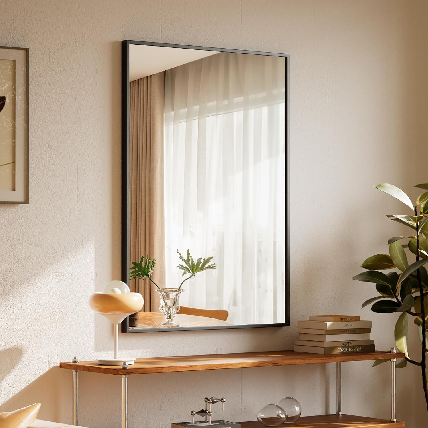 BEAUTYPEAK 81x61cm Rechthoekige wandspiegel, badkamerspiegel met zwarte aluminiumlijst, breukveilige wandspiegel voor badkamer, slaapkamer, woonkamer, Rechthoekige badkamerspiegel