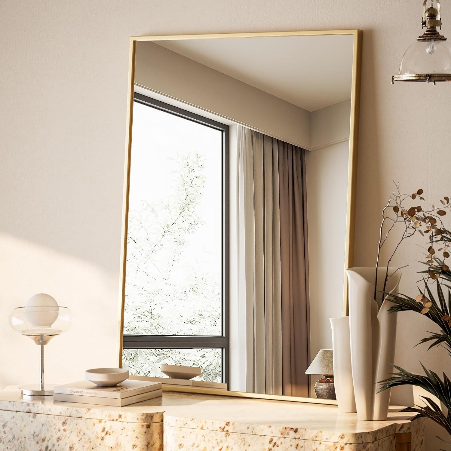 BEAUTYPEAK 81x61cm Rechthoekige wandspiegel, badkamerspiegel met zwarte aluminiumlijst, breukveilige wandspiegel voor badkamer, slaapkamer, woonkamer, Rechthoekige badkamerspiegel