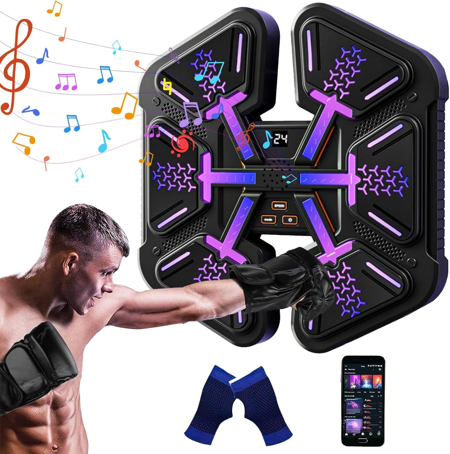 Muziekboksmachine, muziekboksmachine met bokshandschoenen, led-wandgemonteerde boksdoel, met 9 snelheidsmodi en telmodus