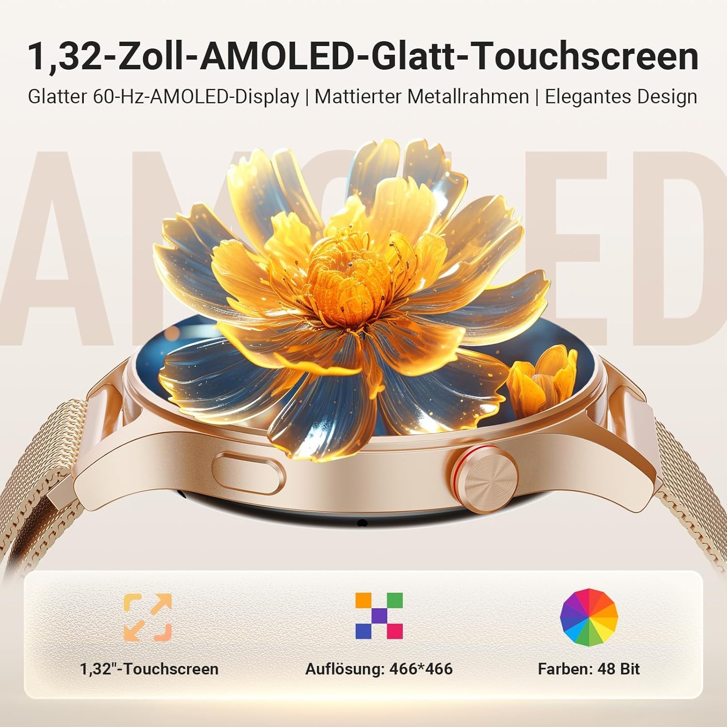Smartwatch dames en heren met AMOLED display en telefoonfunctie - Goud
