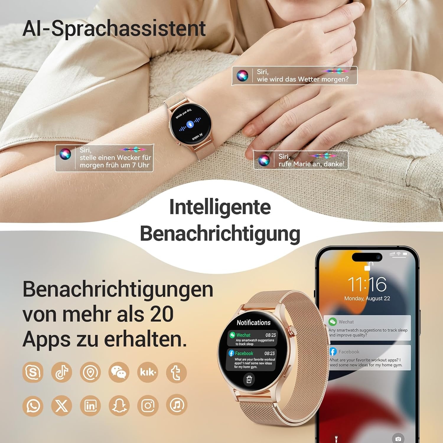 Smartwatch dames en heren met AMOLED display en telefoonfunctie - Goud