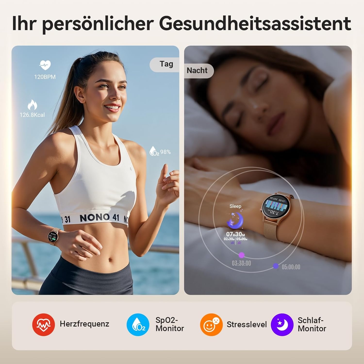 Smartwatch dames en heren met AMOLED display en telefoonfunctie - Goud