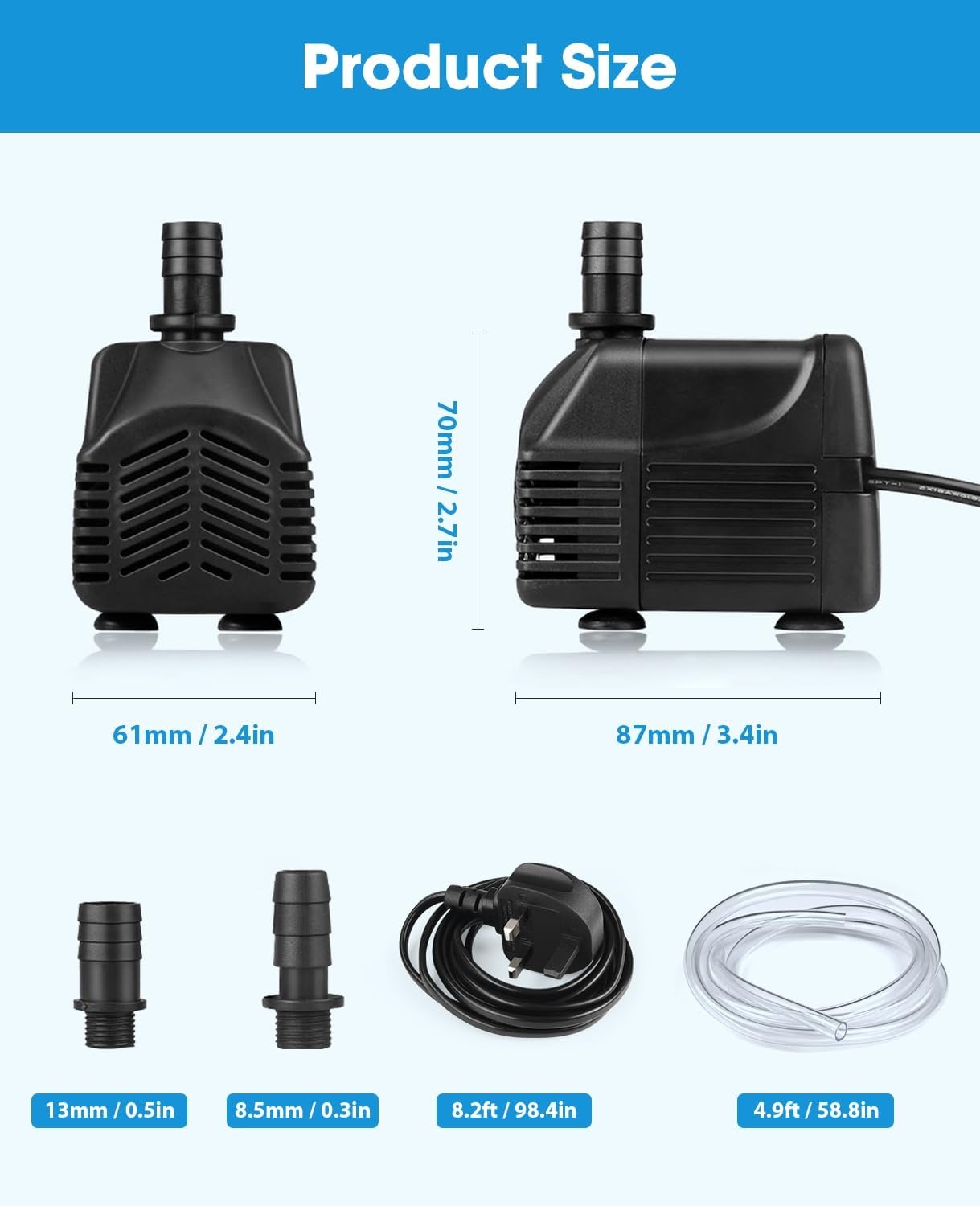 Dompelbare waterpomp, 25W (400GHP 1000L/H) Dompelpomp, Ultra-stille waterpomp, 2 sproeiers, 1,5M slang, 2m hoge lift, voor fonteinpompen, vistank, vijver, hydrocultuur