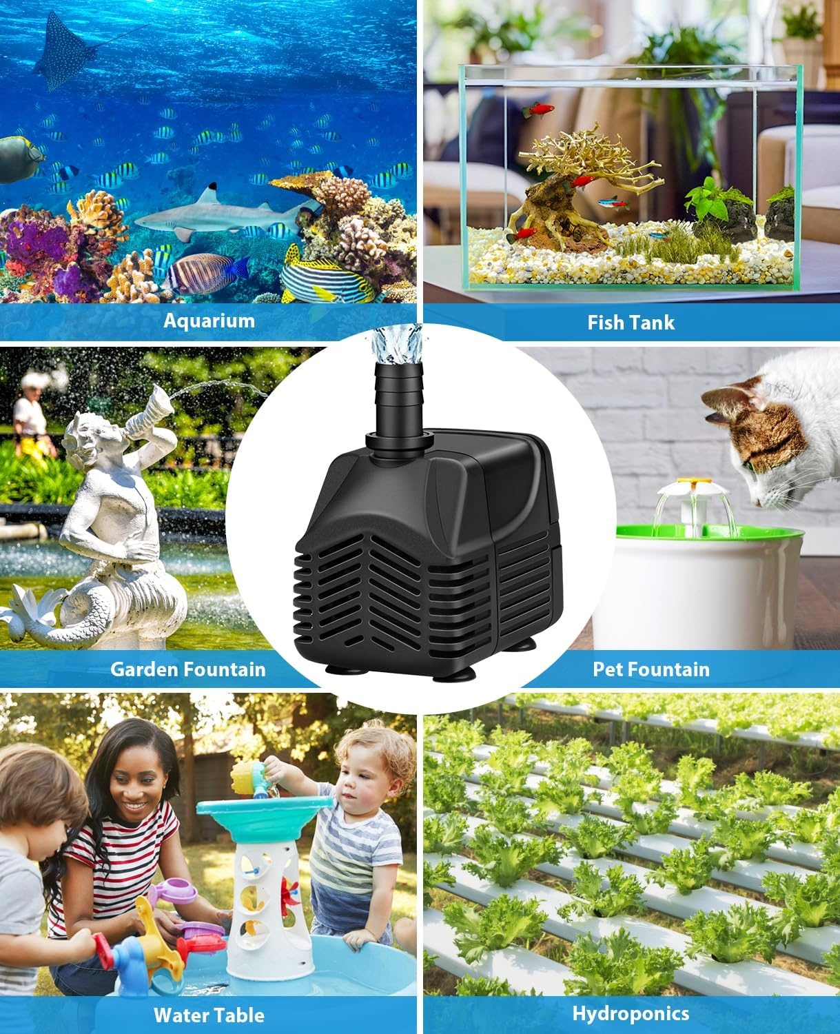 Dompelbare waterpomp, 25W (400GHP 1000L/H) Dompelpomp, Ultra-stille waterpomp, 2 sproeiers, 1,5M slang, 2m hoge lift, voor fonteinpompen, vistank, vijver, hydrocultuur