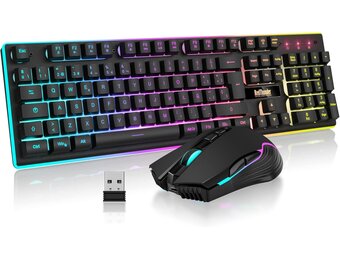 RedThunder K10 Spanish Wireless Gaming Keyboard and Mouse, Rechargeable 3800mAh and LED Backlight, Anti-Ghosting Keyboard + 7D Mouse 3200DPI for PC Gamers