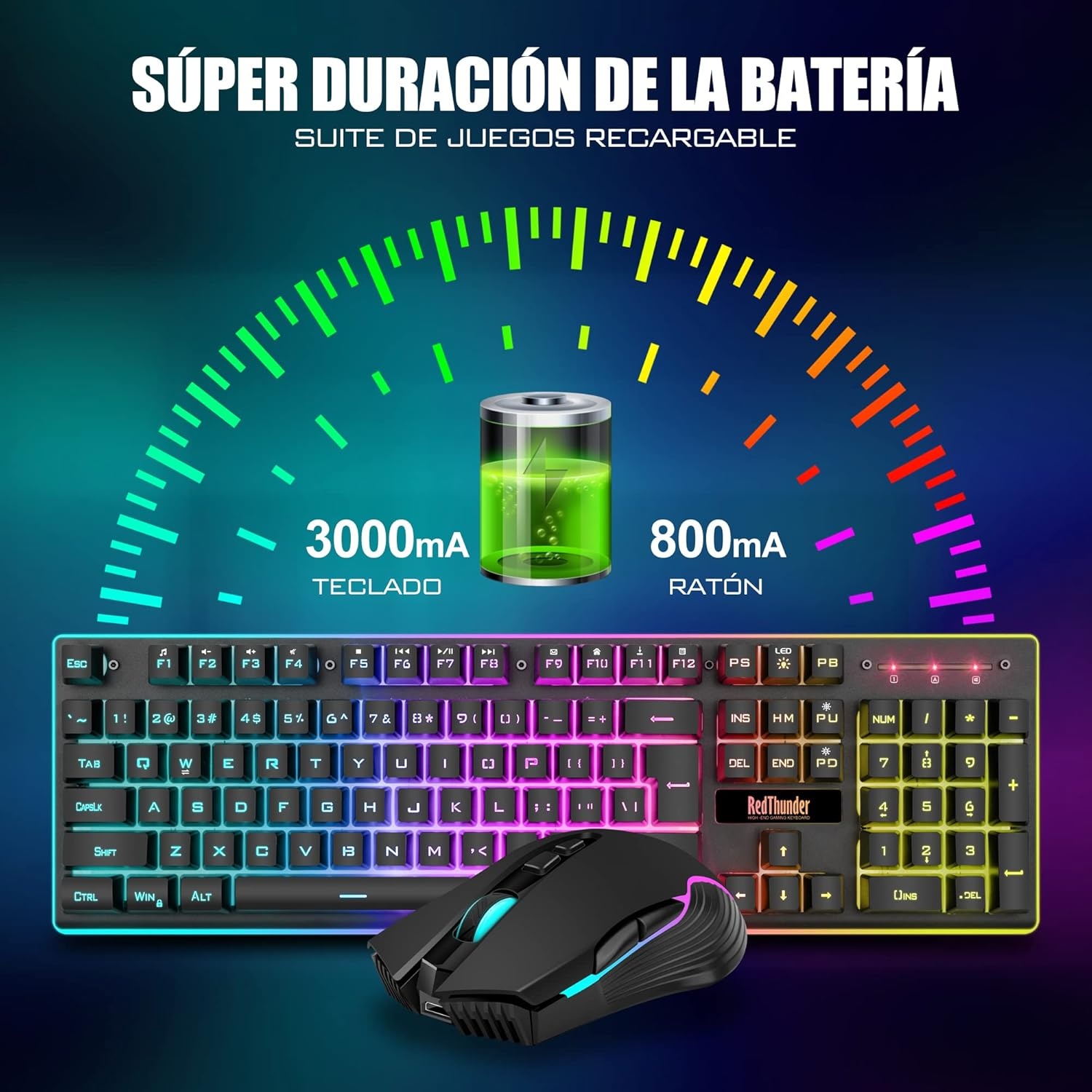 RedThunder K10 Spanish Wireless Gaming Keyboard and Mouse, Rechargeable 3800mAh and LED Backlight, Anti-Ghosting Keyboard + 7D Mouse 3200DPI for PC Gamers