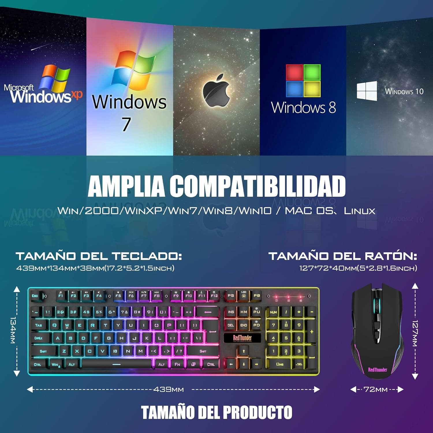 RedThunder K10 Spanish Wireless Gaming Keyboard and Mouse, Rechargeable 3800mAh and LED Backlight, Anti-Ghosting Keyboard + 7D Mouse 3200DPI for PC Gamers