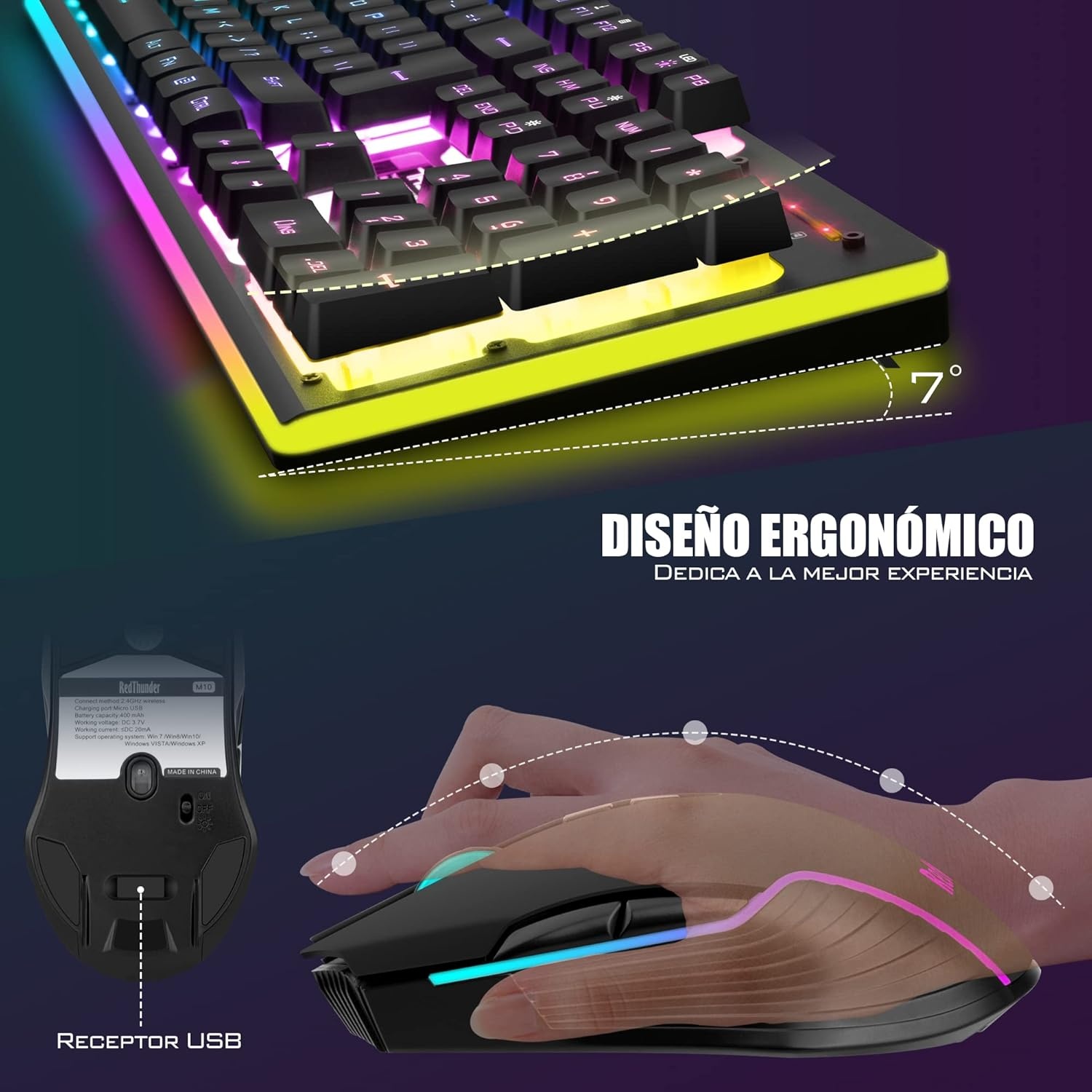 RedThunder K10 Spanish Wireless Gaming Keyboard and Mouse, Rechargeable 3800mAh and LED Backlight, Anti-Ghosting Keyboard + 7D Mouse 3200DPI for PC Gamers