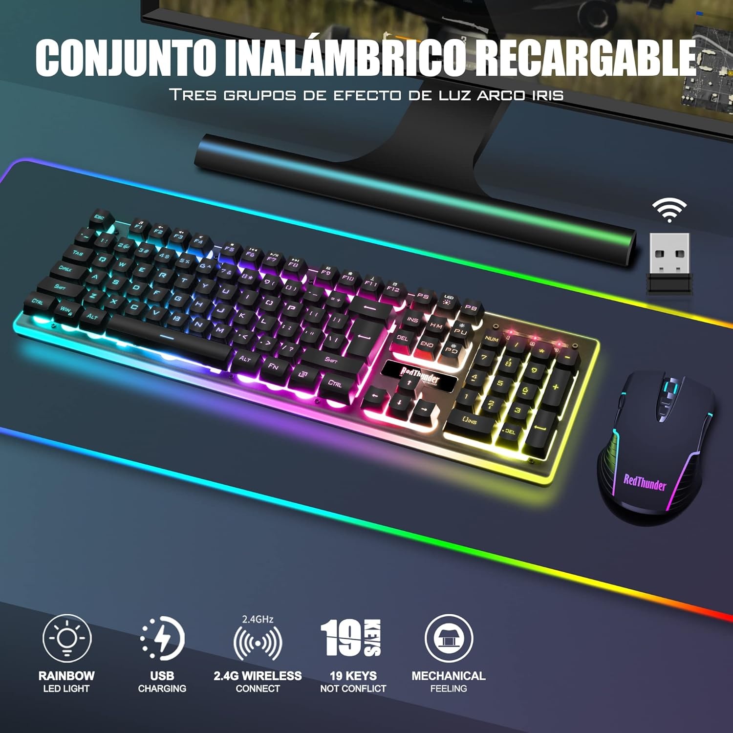 RedThunder K10 Spanish Wireless Gaming Keyboard and Mouse, Rechargeable 3800mAh and LED Backlight, Anti-Ghosting Keyboard + 7D Mouse 3200DPI for PC Gamers