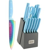 hecef Messenset met houten blok - 14-delig - Blauw - Titanium roestvrij staal met lasermotief