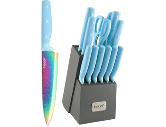 hecef Messenset met houten blok - 14-delig - Blauw - Titanium roestvrij staal met lasermotief