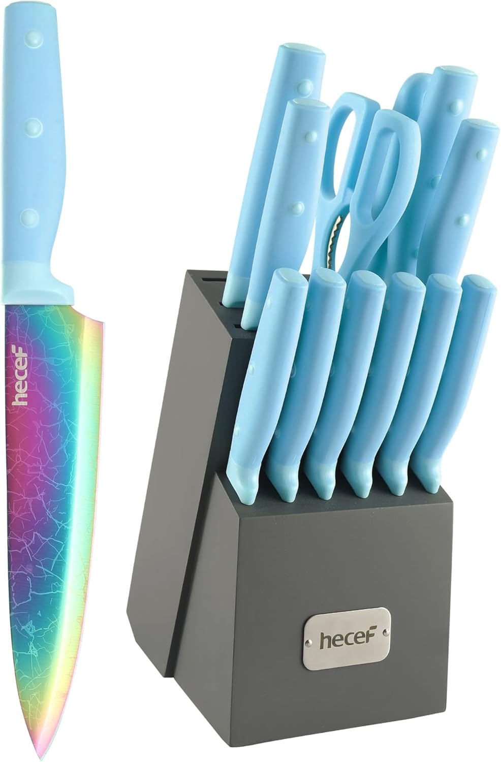 hecef Messenset met houten blok - 14-delig - Blauw - Titanium roestvrij staal met lasermotief