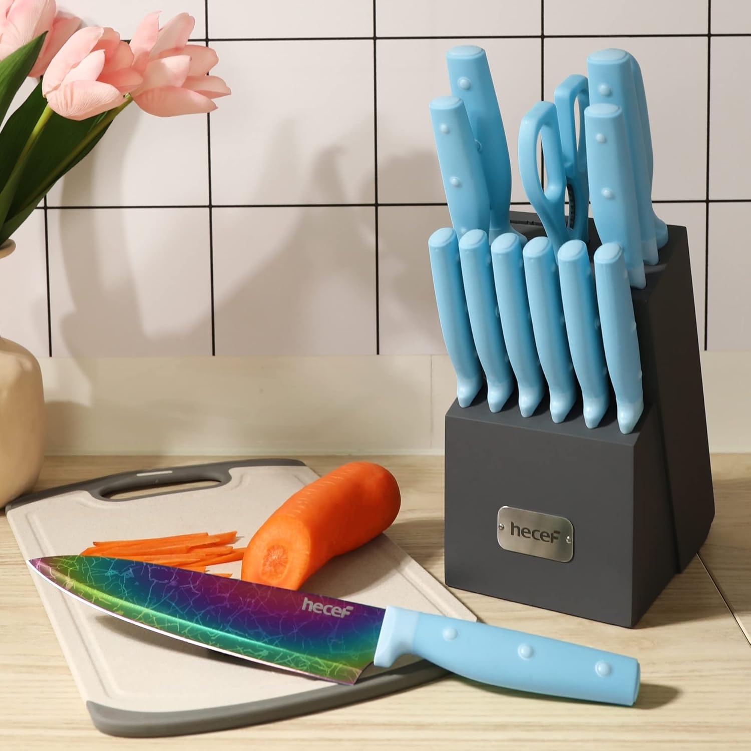 hecef Messenset met houten blok - 14-delig - Blauw - Titanium roestvrij staal met lasermotief