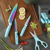 hecef Messenset met houten blok - 14-delig - Blauw - Titanium roestvrij staal met lasermotief