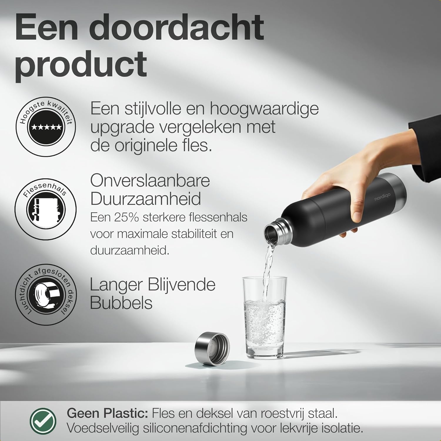 Nordiqo Roestvrijstalen Waterfles 1L - Zwart (2-Pack) | Compatibel met Aarke Carbonator 3 & SodaStream