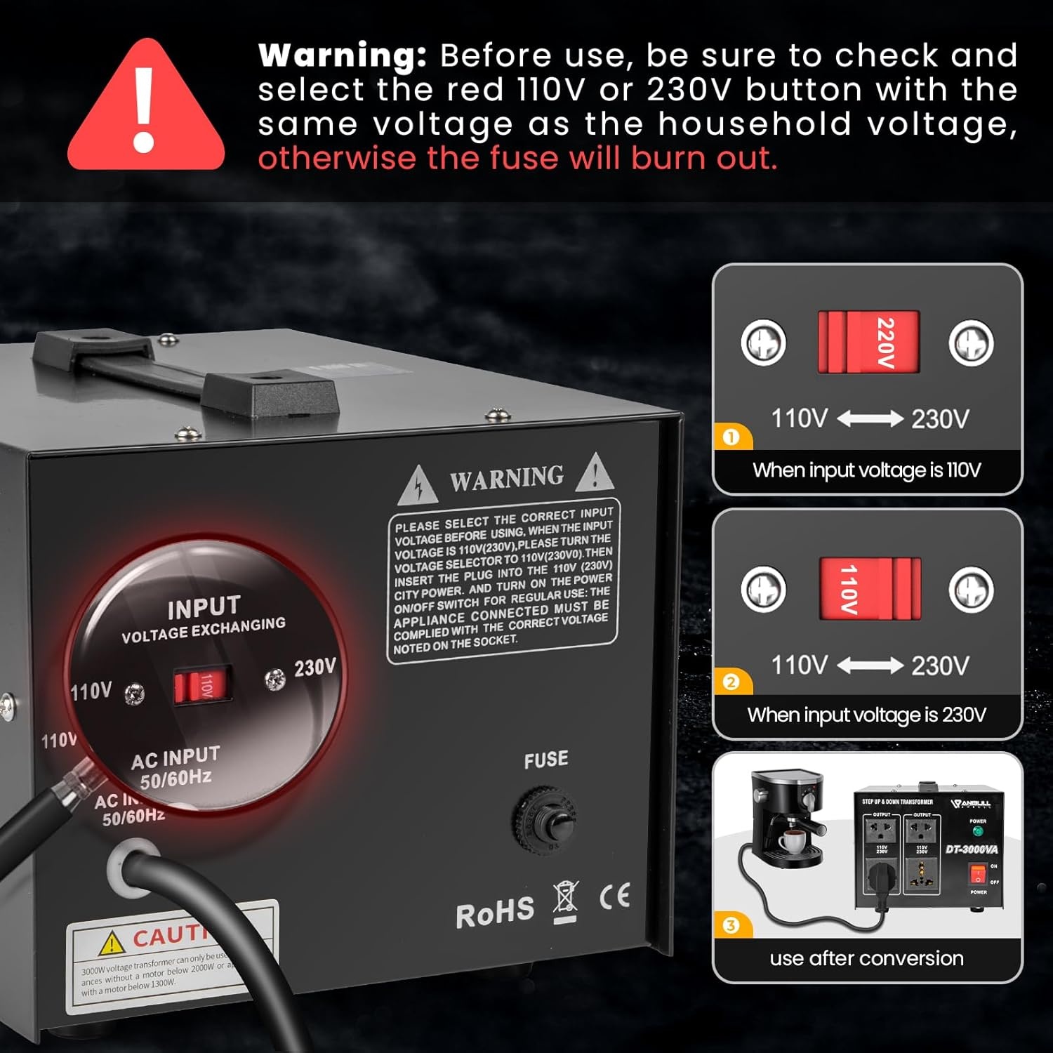 Anbull DT- 3000W spanningsomvormer ringkerntransformator, spanningsomvormer 110V naar 230V, Step Up Down Converter, stekker 230 naar 110 V, 50-60 Hz
