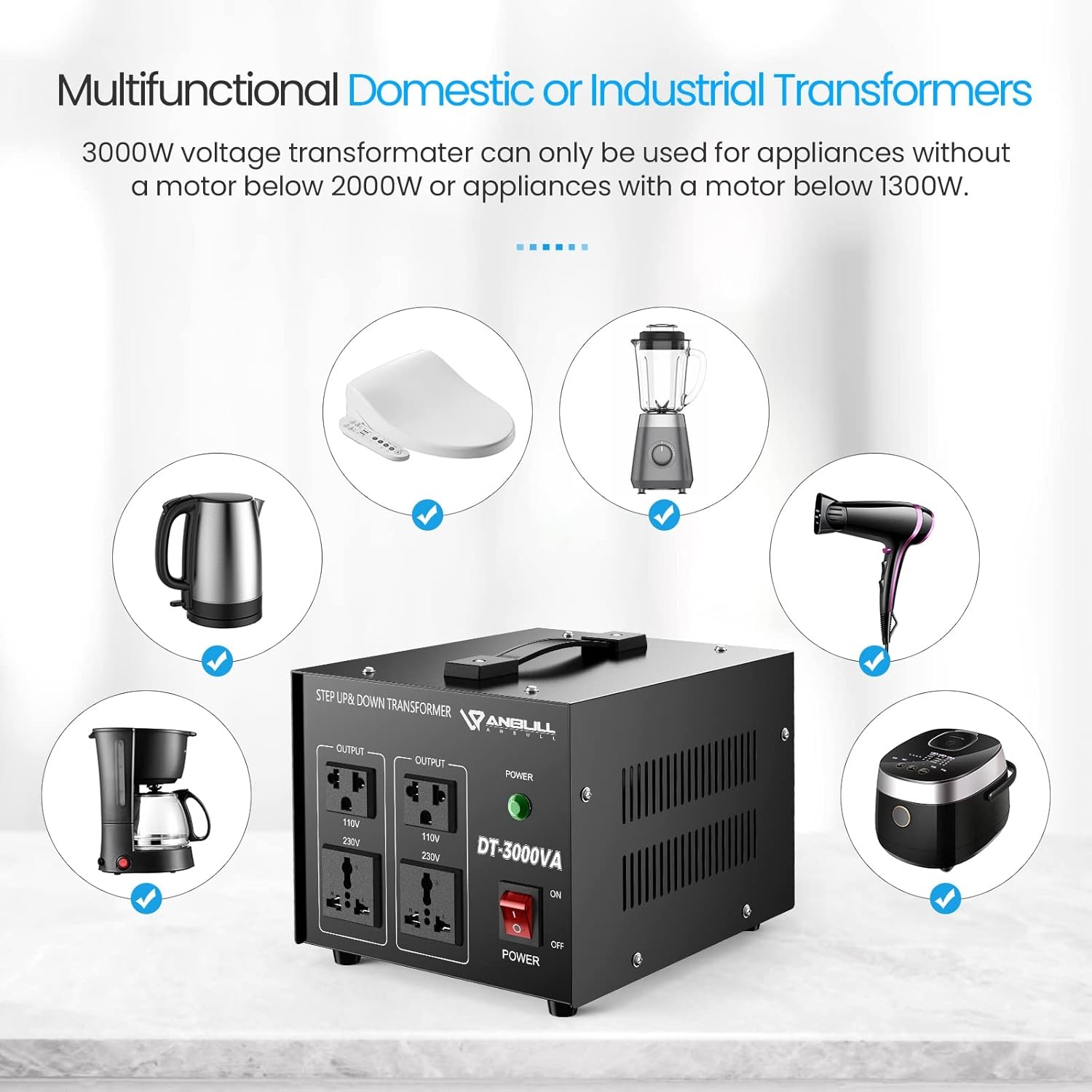 Anbull DT- 3000W spanningsomvormer ringkerntransformator, spanningsomvormer 110V naar 230V, Step Up Down Converter, stekker 230 naar 110 V, 50-60 Hz