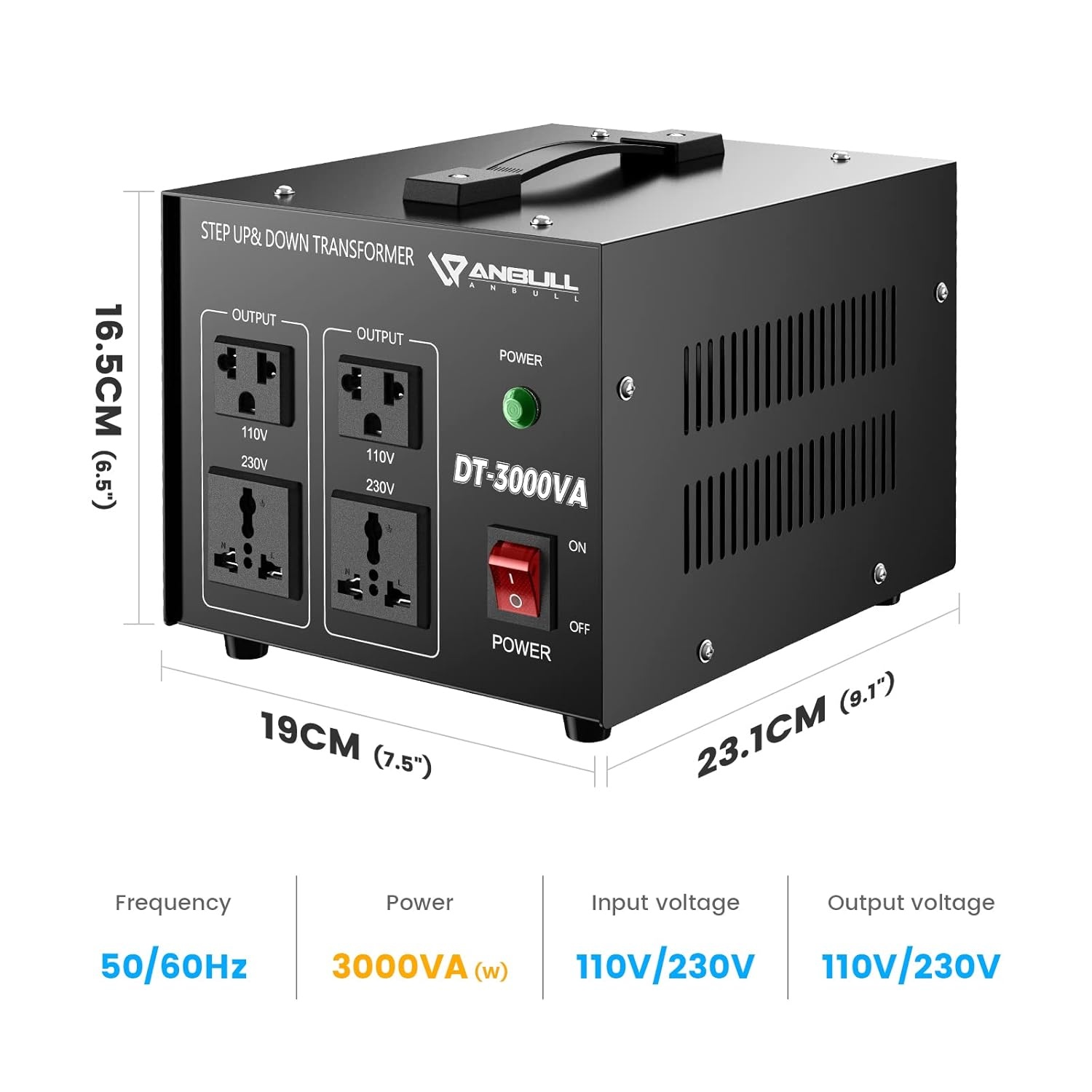 Anbull DT- 3000W spanningsomvormer ringkerntransformator, spanningsomvormer 110V naar 230V, Step Up Down Converter, stekker 230 naar 110 V, 50-60 Hz
