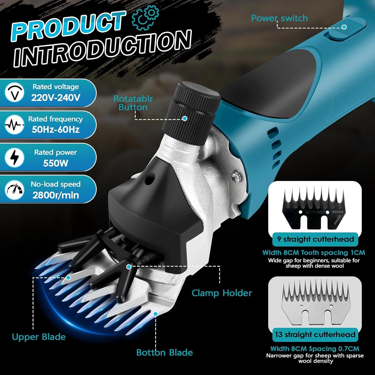 Accu-schapenschaar met 2 messen, 550 W, 2800 tpm Elektrische schapenschaar compatibel met Makita 18 V-accu (zonder accu), verzorgingsset voor schapen, geiten en runderen