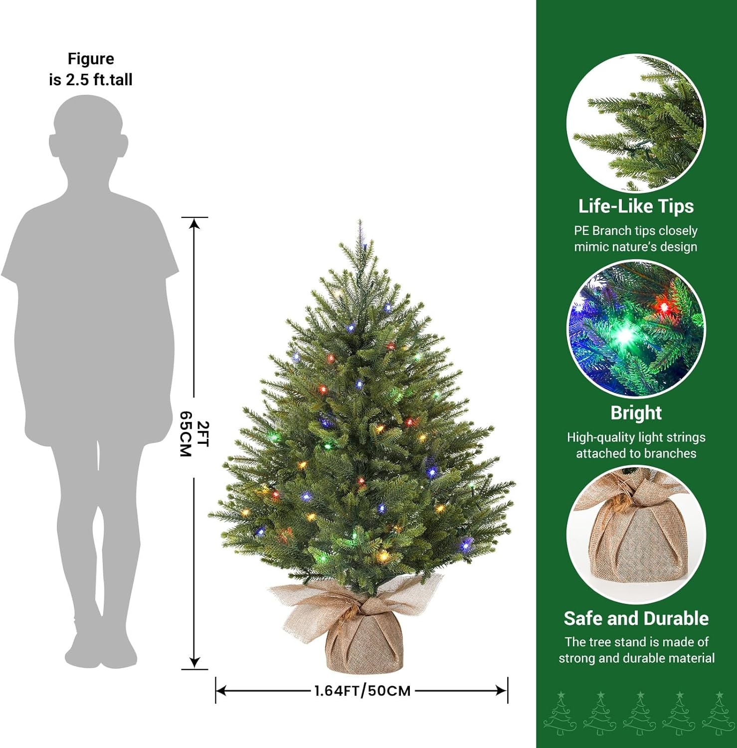 Alupssuc 2FT Kunstkerstboom met sokkel van linnen zak, perfect voor kerstdecoraties, thuis, groen