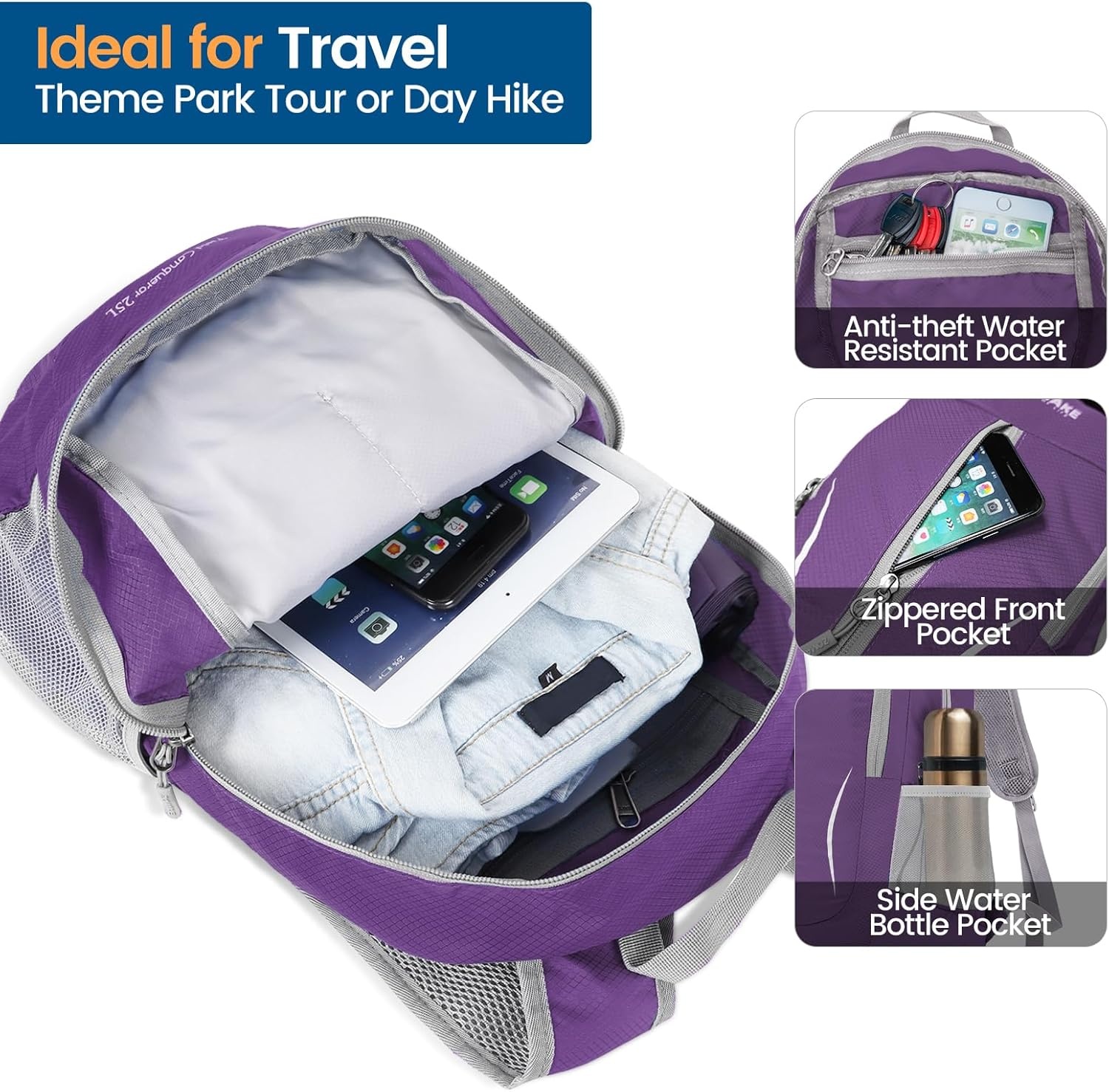 ZOMAKE Ultra Lichtgewicht Opvouwbare Rugzak 25L,Kleine Rugzak Waterdichte Wandelrugzak,Pakbare Rugzak voor Dames En Heren,Outdoor Wandelen Camping Wandelen Reizen